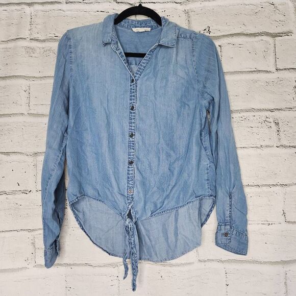 Beachlunchlounge Collection Women's Blue Chambray Front Tie Button-Up Shirt Medi - Picture 1 of 12